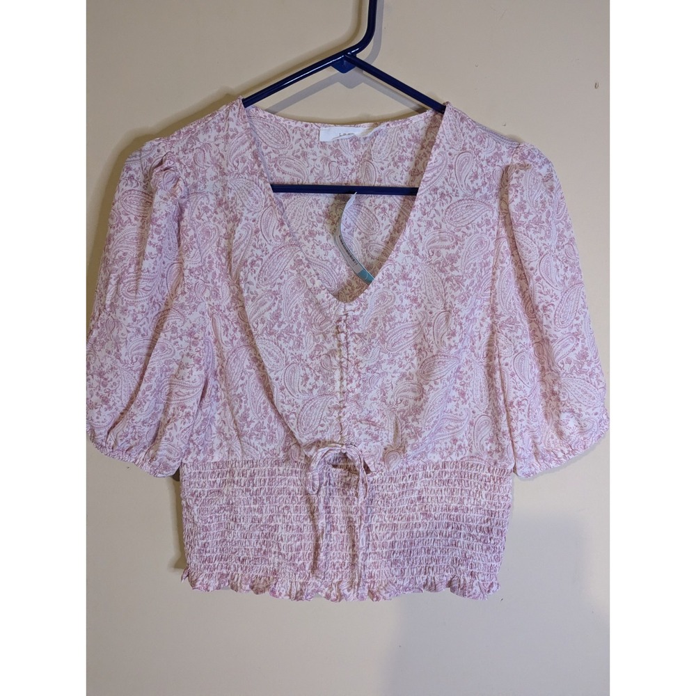 Lush womens M Gracie smocked crop blouse Lavendar white elastic waist drawstring
